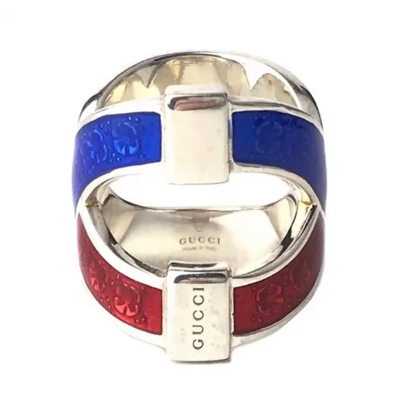 Gucci Silver and Red Blue Enamel Ring - Picture 1 of 9